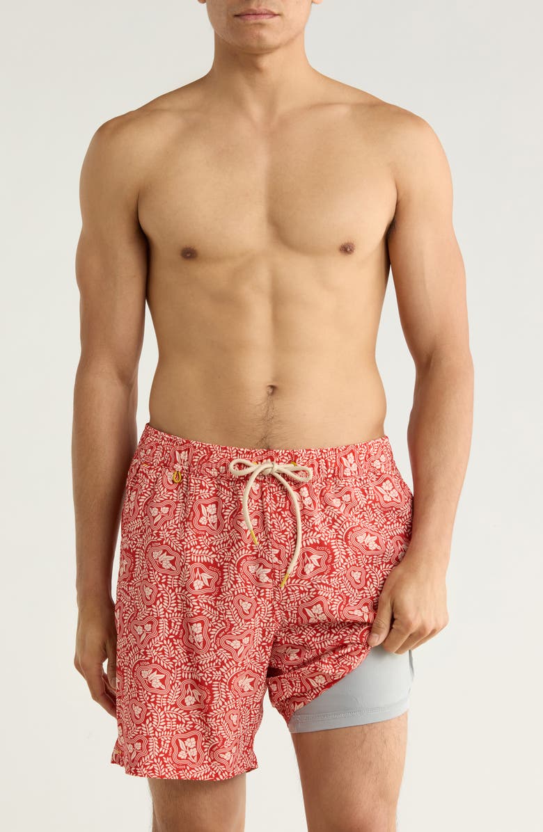Scotch & Soda Leafy Floral Print Swim Trunks, Alternate, color, Fire Whirl
