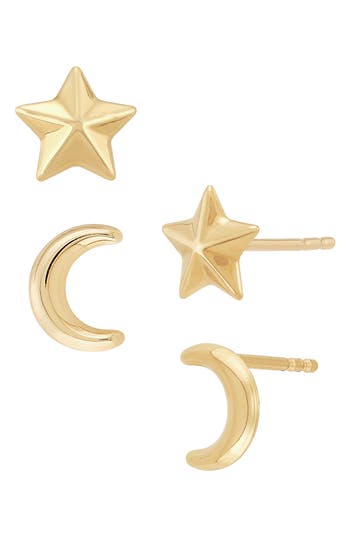 Frankie & Zoe 2-pack Moon & Star Stud Earrings In Yellow Gold