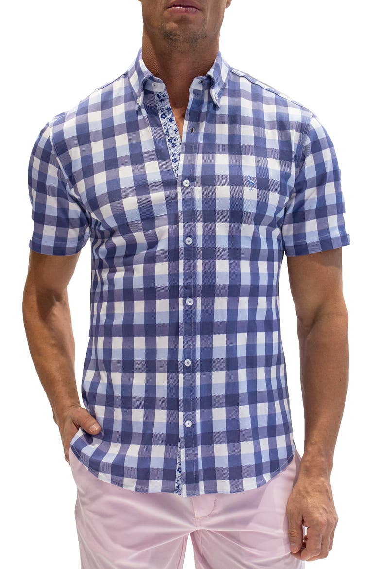 Regular Fit Buffalo Plaid Cotton Knit Short Sleeve Button-Down Shirt, Main, color, NAVY