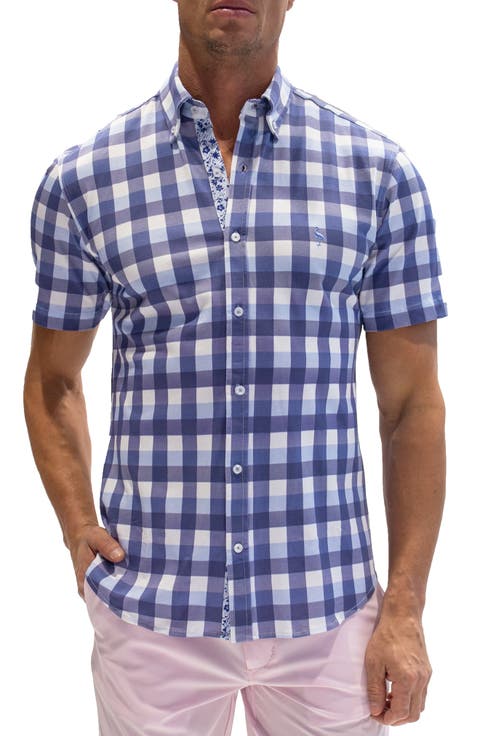 Regular Fit Buffalo Plaid Cotton Knit Short Sleeve Button-Down Shirt
