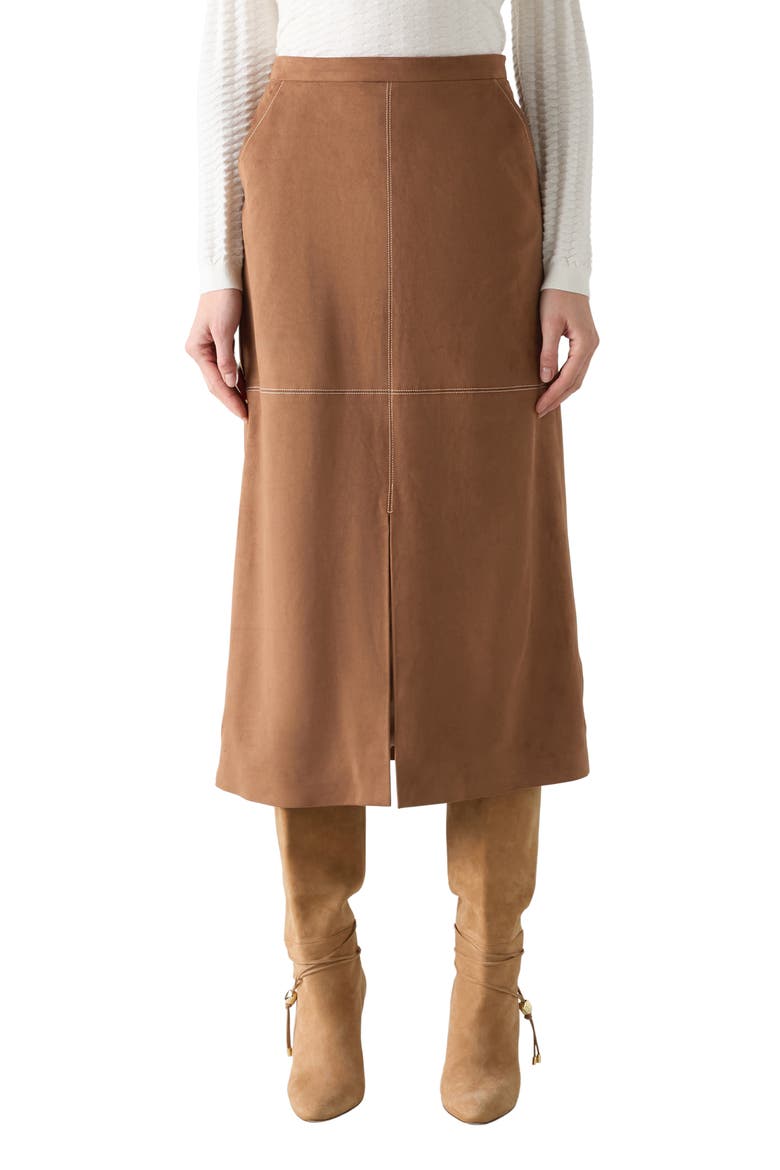 Lancy Faux Suede Midi Skirt, Main, color, BROWN