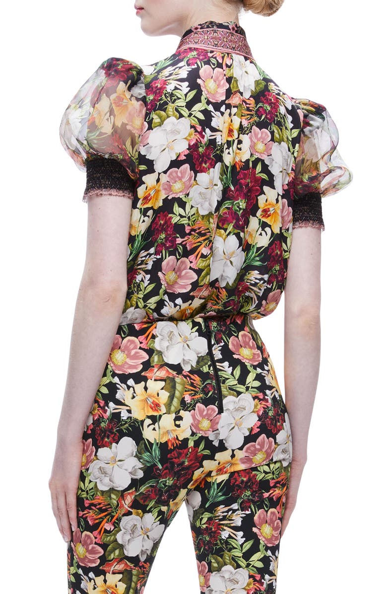 Alice + Olivia Brentley Floral Tie Neck Puff Sleeve Top, Alternate, color, 