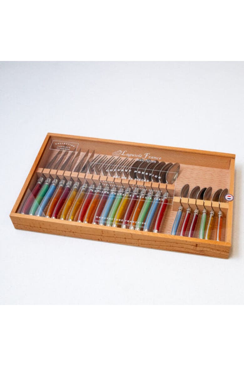 24 Piece Flatware Set, in Wood Box with Acrylic Lid, Alternate, color, Rainbow