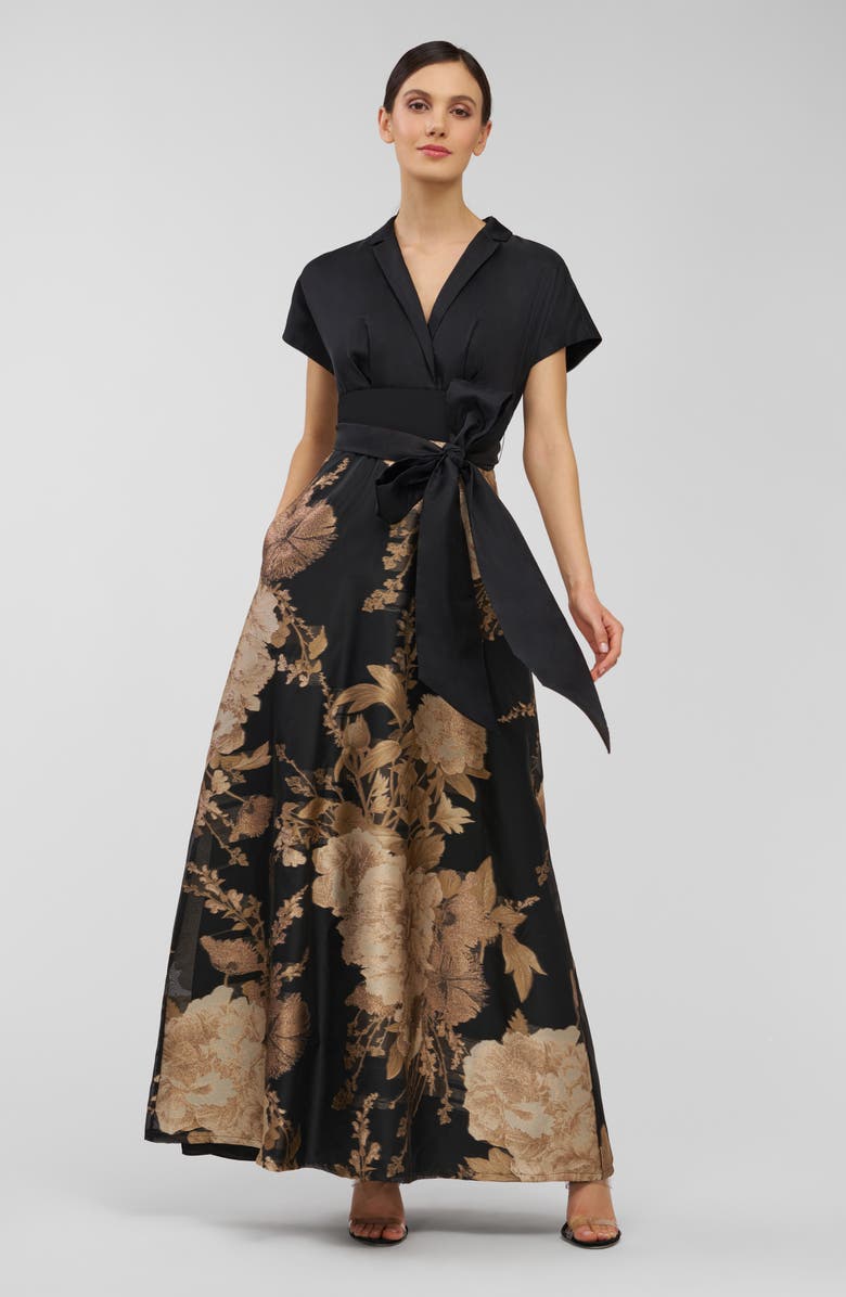Kay Unger Samira Tie Belt Gown, Alternate, color, Black/ Gold