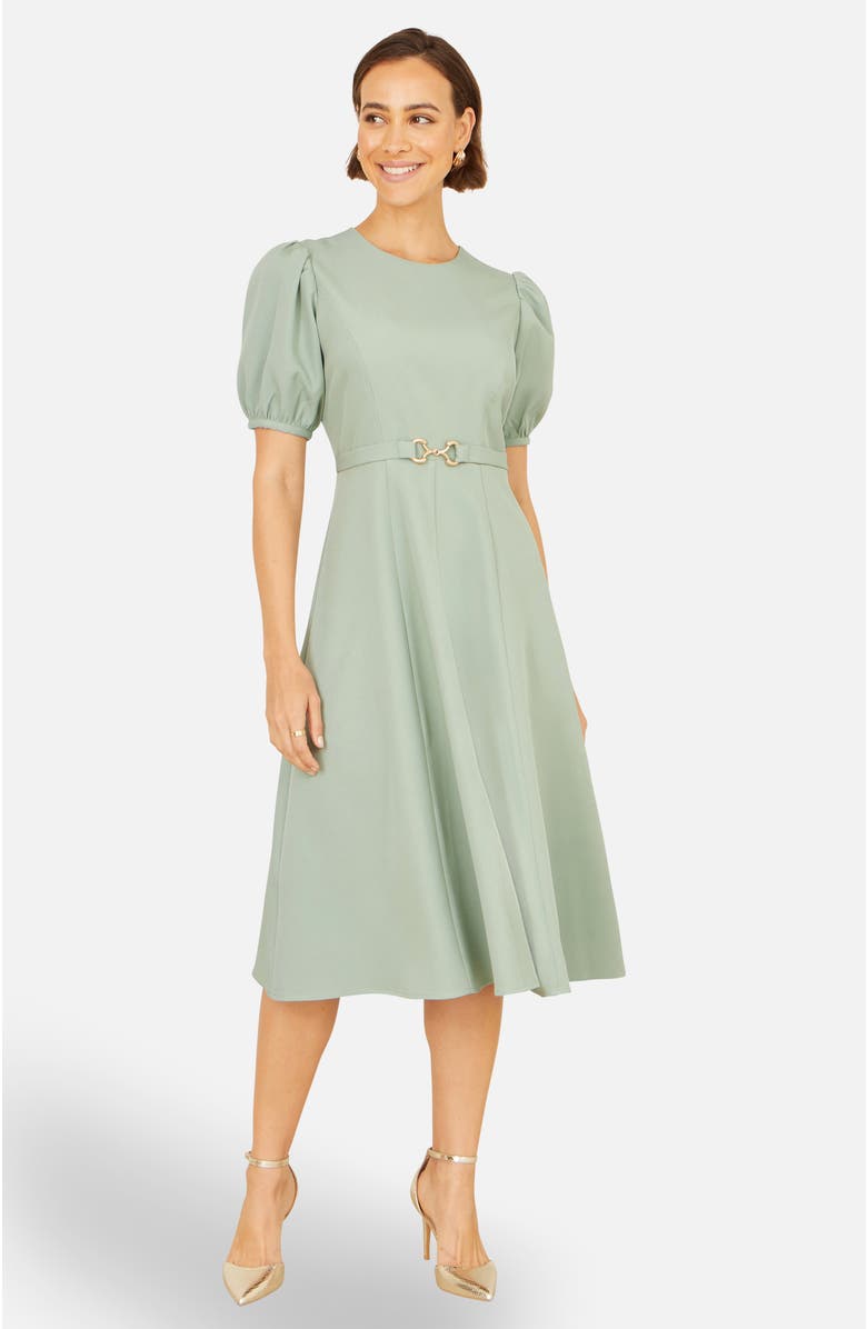 Yumi Buckle Detail Short Sleeve Skater Dress, Alternate, color, Mint Green