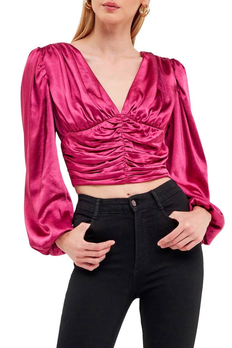 Ruched Satin Crop Top, Alternate, color, BERRY