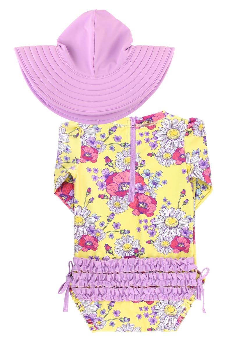 Daisy Delight One-Piece Rashguard Swimsuit & Hat Set, Alternate, color, PURPLE