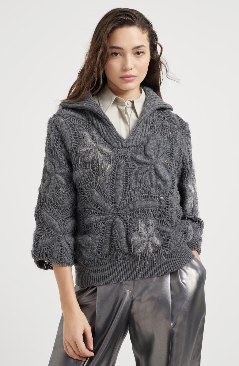 Brunello Cucinelli Handmade Flower Crochet OPERA sweater in cashmere Feather yarn, Alternate, color, 