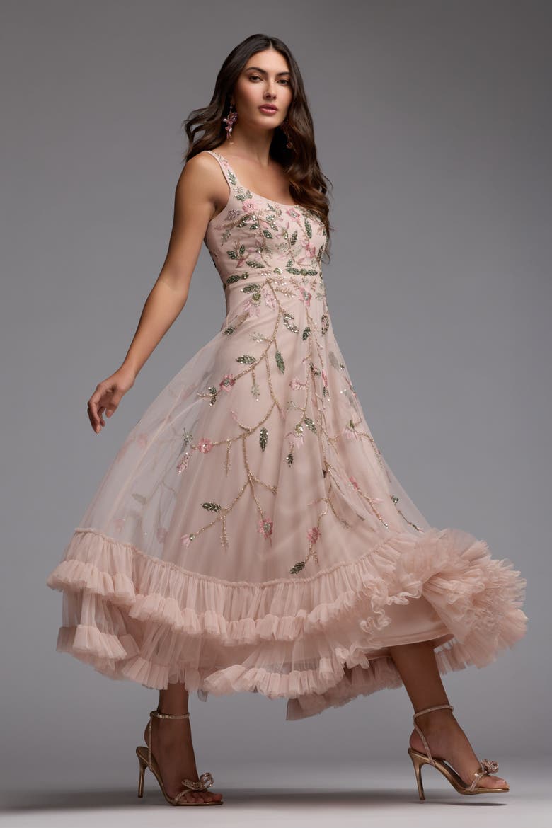 Ruffle Midi Dress with Floral Embroidery, Alternate, color, Porcelain