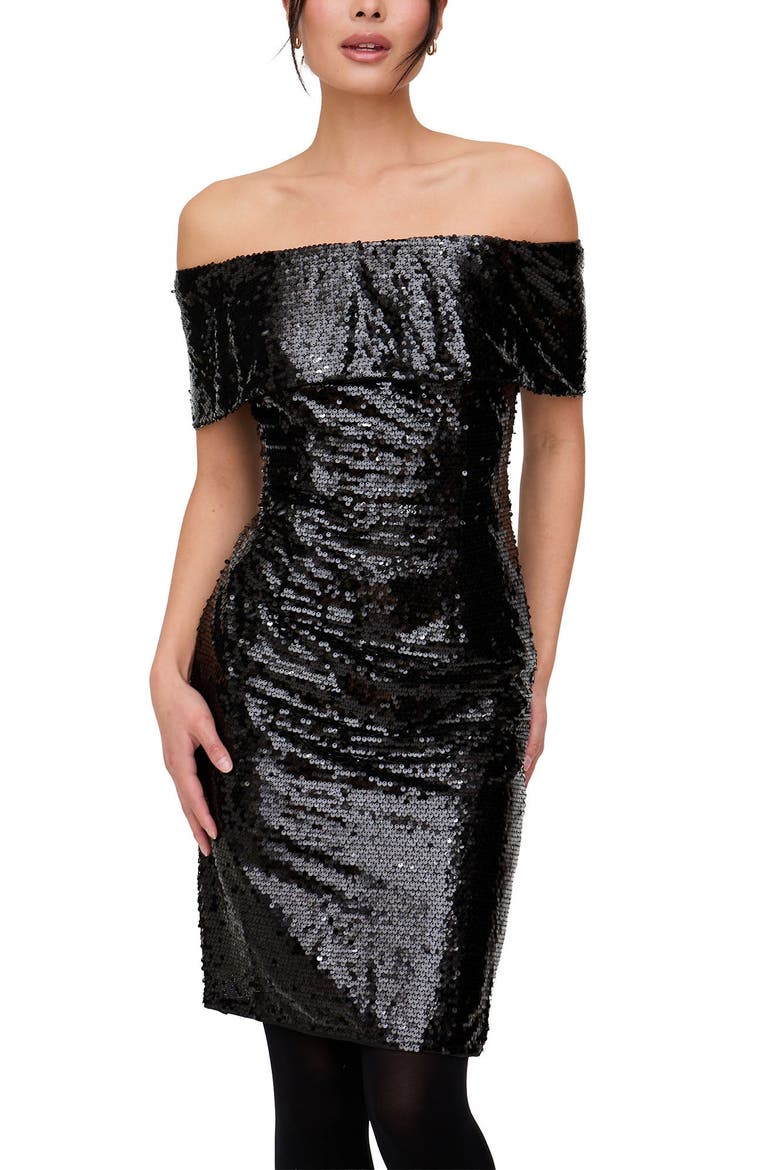 Jaya Off The Shoulder Sequins Midi Dress, Alternate, color, Black
