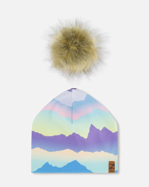 Deux Par Deux Girl's Printed Jersey Detachable Pompom Hat Mauve And Blue, Pink Mountain In Multi