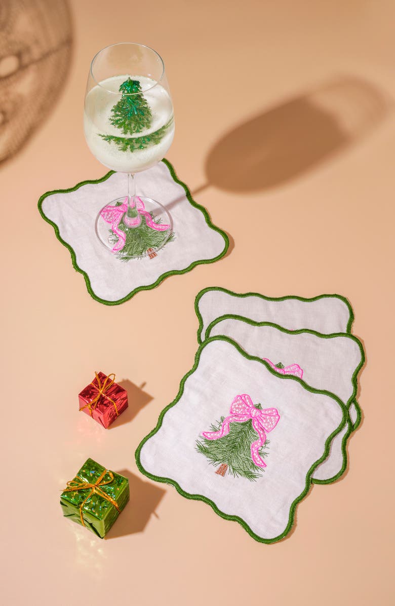 Tiramisu Set of 4 Embroidered Pink Bow Christmas Tree Linen Cocktail Napkins, Alternate, color, Green/ Pink