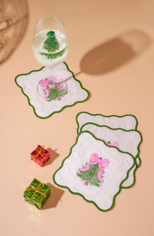 Tiramisu Set Of 4 Embroidered Pink Bow Christmas Tree Linen Cocktail Napkins In Multi