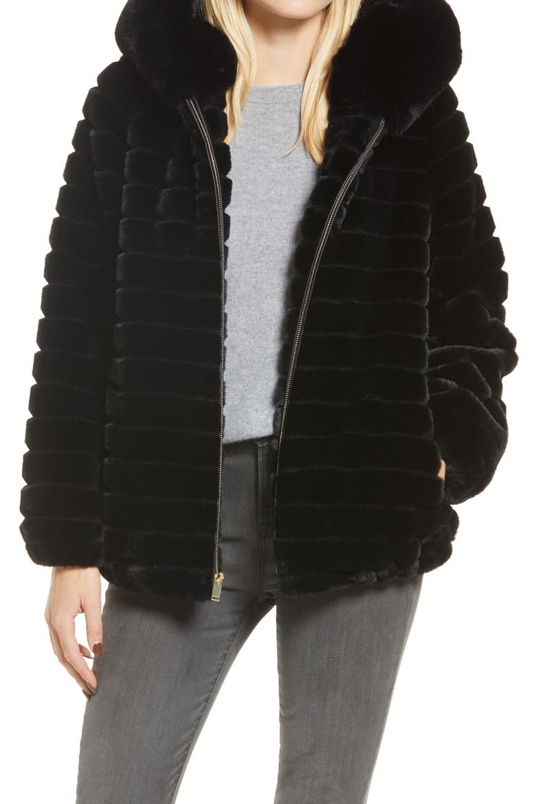 Hooded Faux Fur Jacket, Main, color, BLACK