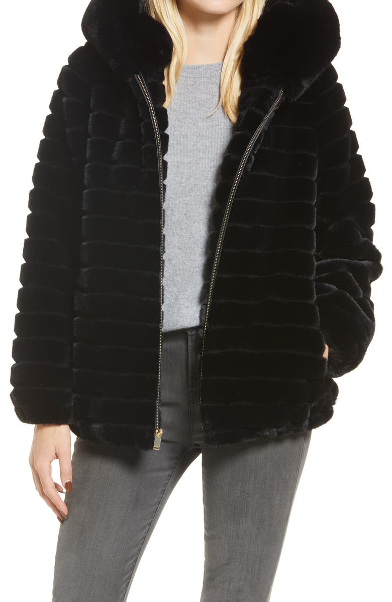 Gallery Hooded Faux Fur Jacket, Main, color, Black