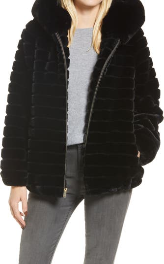 Gallery Women's size Small Black Hooded hotsell Faux Fur Zipper front Coat jacket