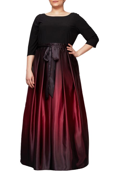 Three-Quarter Sleeve Jersey Bodice Ombré Satin A-Line Gown