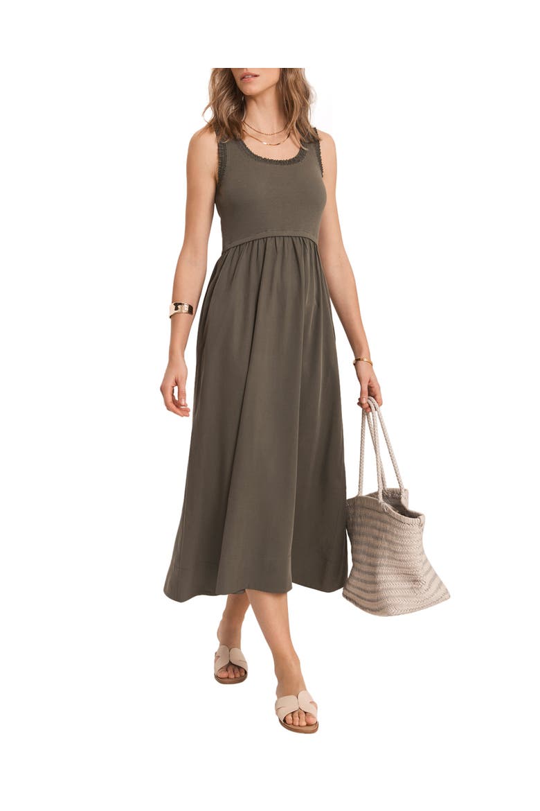 Ruched Trim Cotton Midi Dress, Alternate, color, Khaki