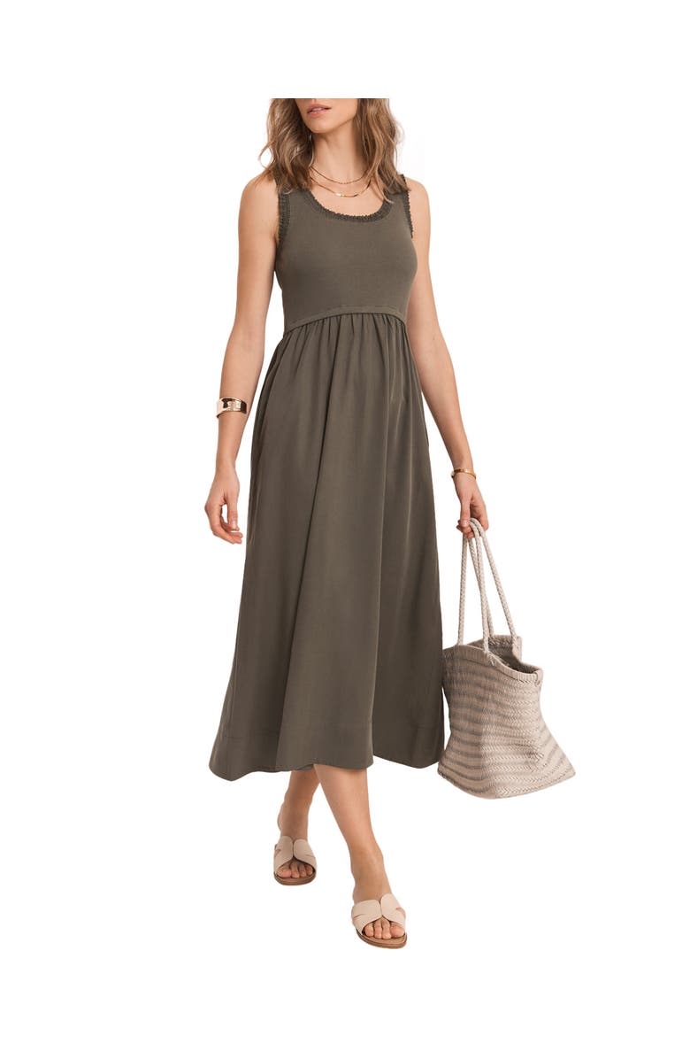 MINT VELVET Ruched Trim Cotton Midi Dress, Alternate, color, Khaki