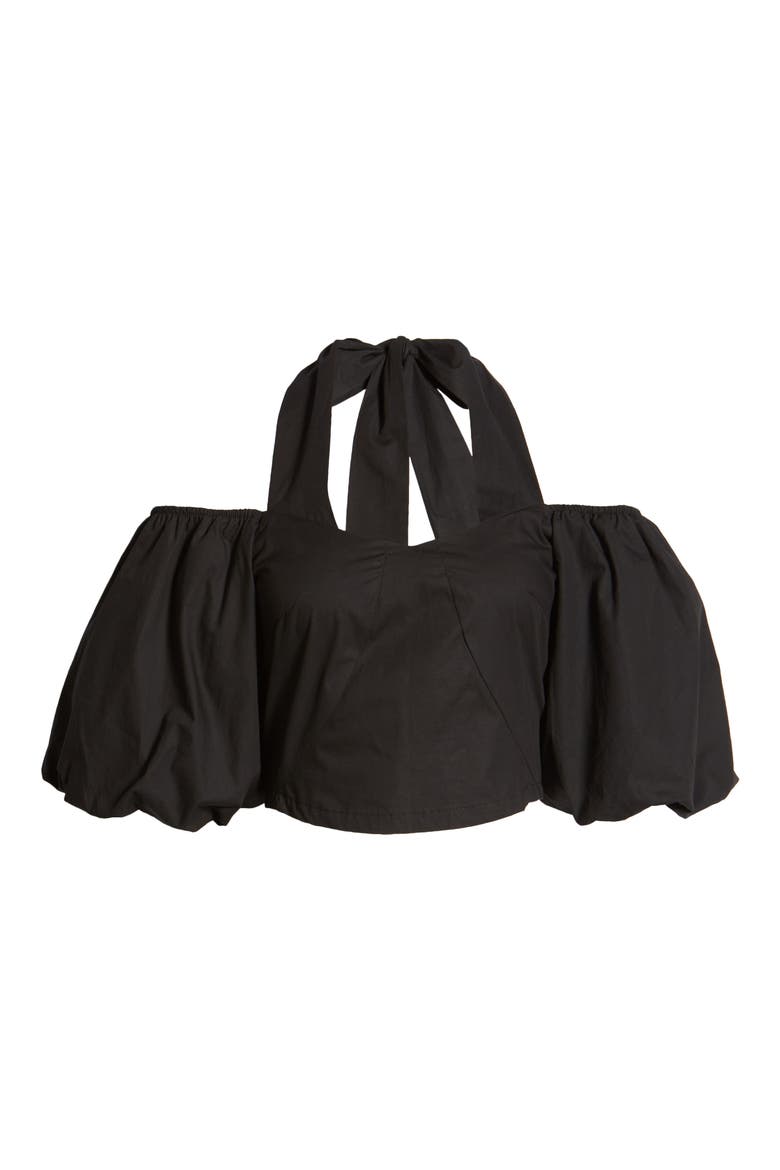 Halter Neck Puff Sleeve Cotton Crop Top, Alternate, color, BLACK