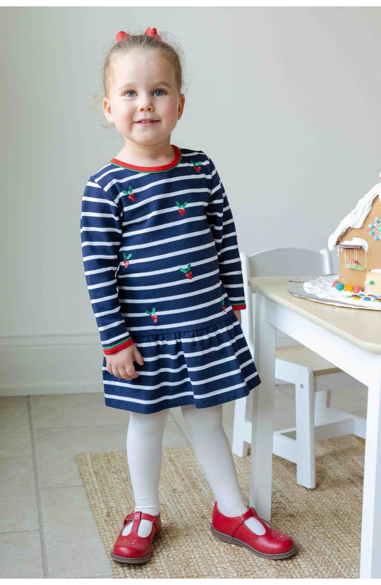 Florence Eiseman Stripe Knit Dress With Embroidered Holly, Alternate, color, Navy, Red, Green, White