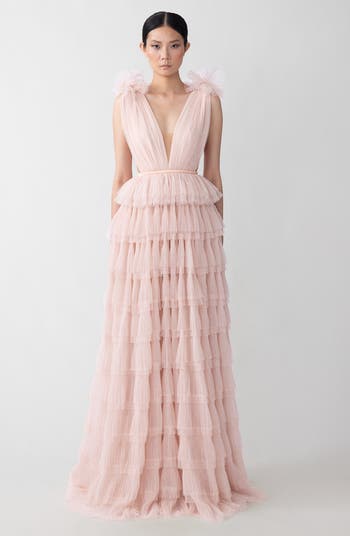 Sabrina Plunge Neck Tiered Tulle Gown