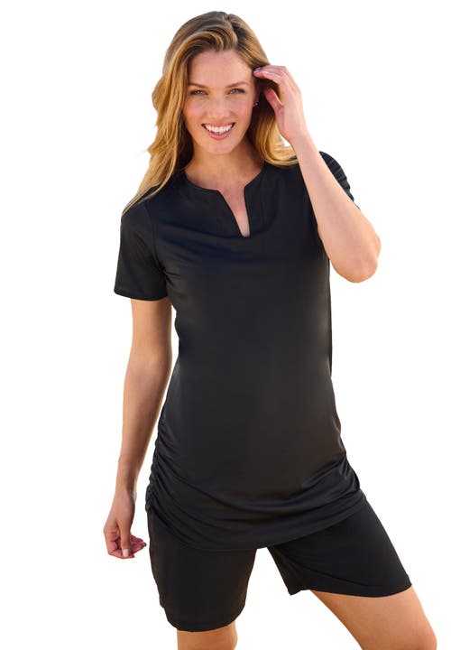 Swim 365 Split-neck Short Sleeve Swim Tee With Built-in Bra In Black