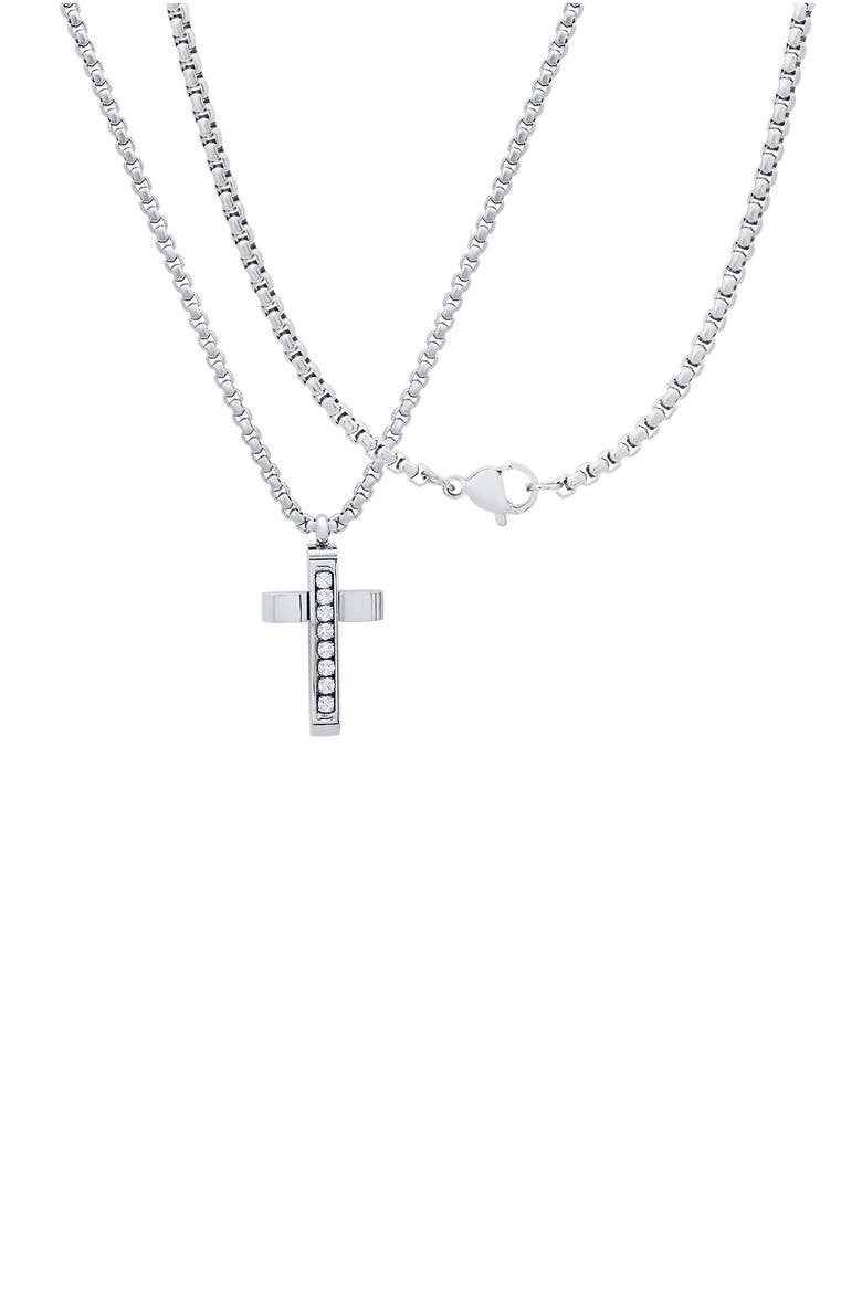 Men's Stainless Steel Cubic Zirconia Cross Pendant Necklace, Alternate, color, SILVER
