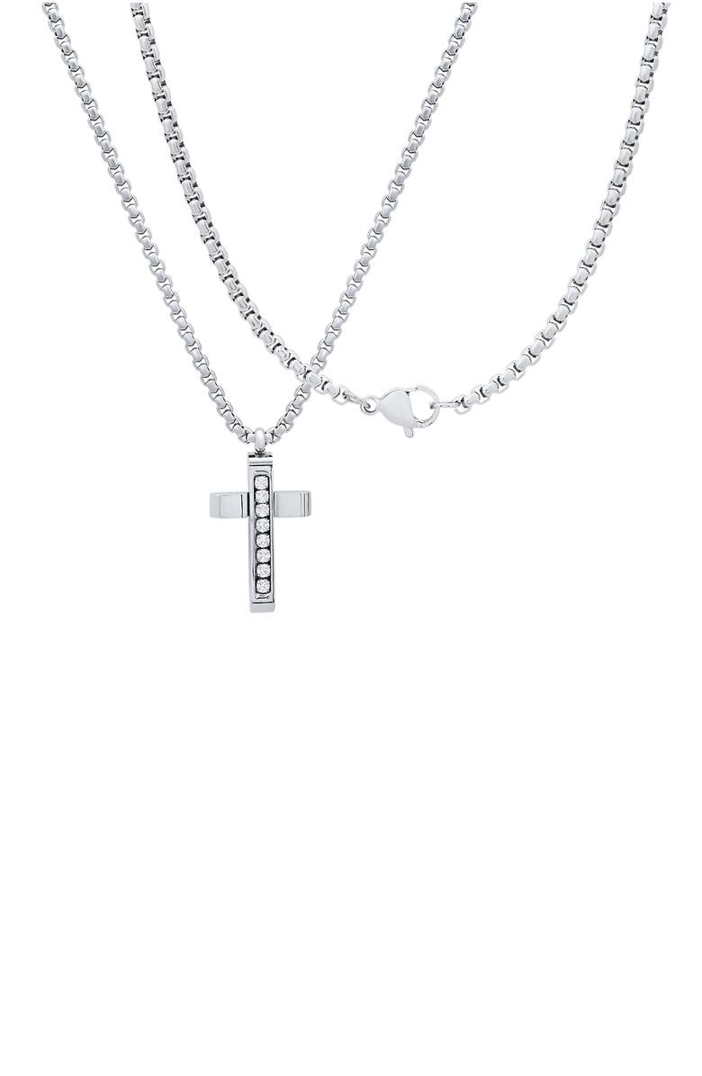 HMY JEWELRY Men's Stainless Steel Cubic Zirconia Cross Pendant Necklace, Alternate, color, Silver