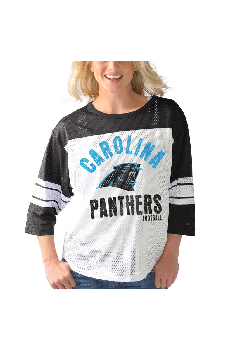 G-III 4HER BY CARL BANKS Women's G-III 4Her by Carl Banks White/Black Carolina Panthers First Team Three-Quarter Sleeve Mesh T-Shirt, Alternate, color, White