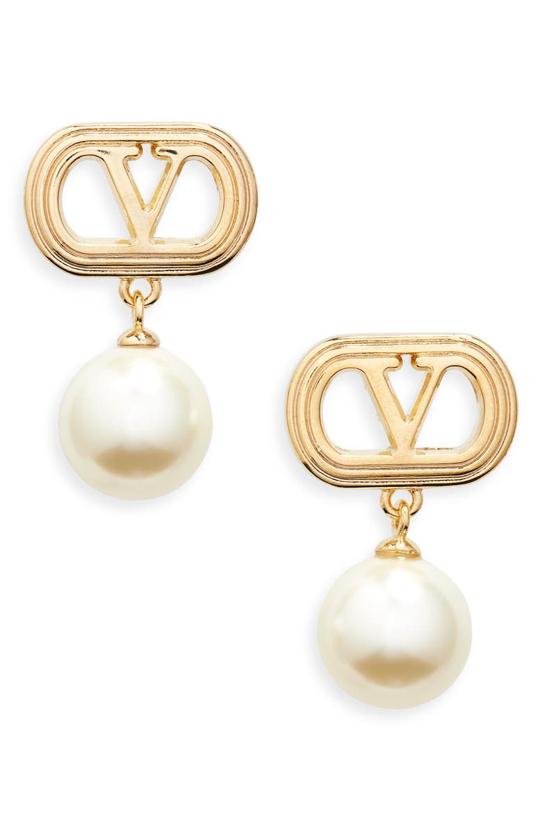 Valentino Garavani Ovalette VLOGO Swarovski<sup>®</sup> Faux Pearl Drop Earrings, Main, color, Yellow Gold