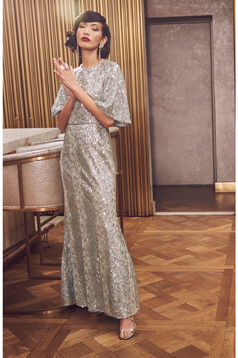 Sequin Flutter Sleeve Trumpet Gown, Alternate, color, SPEARMINT SILVER