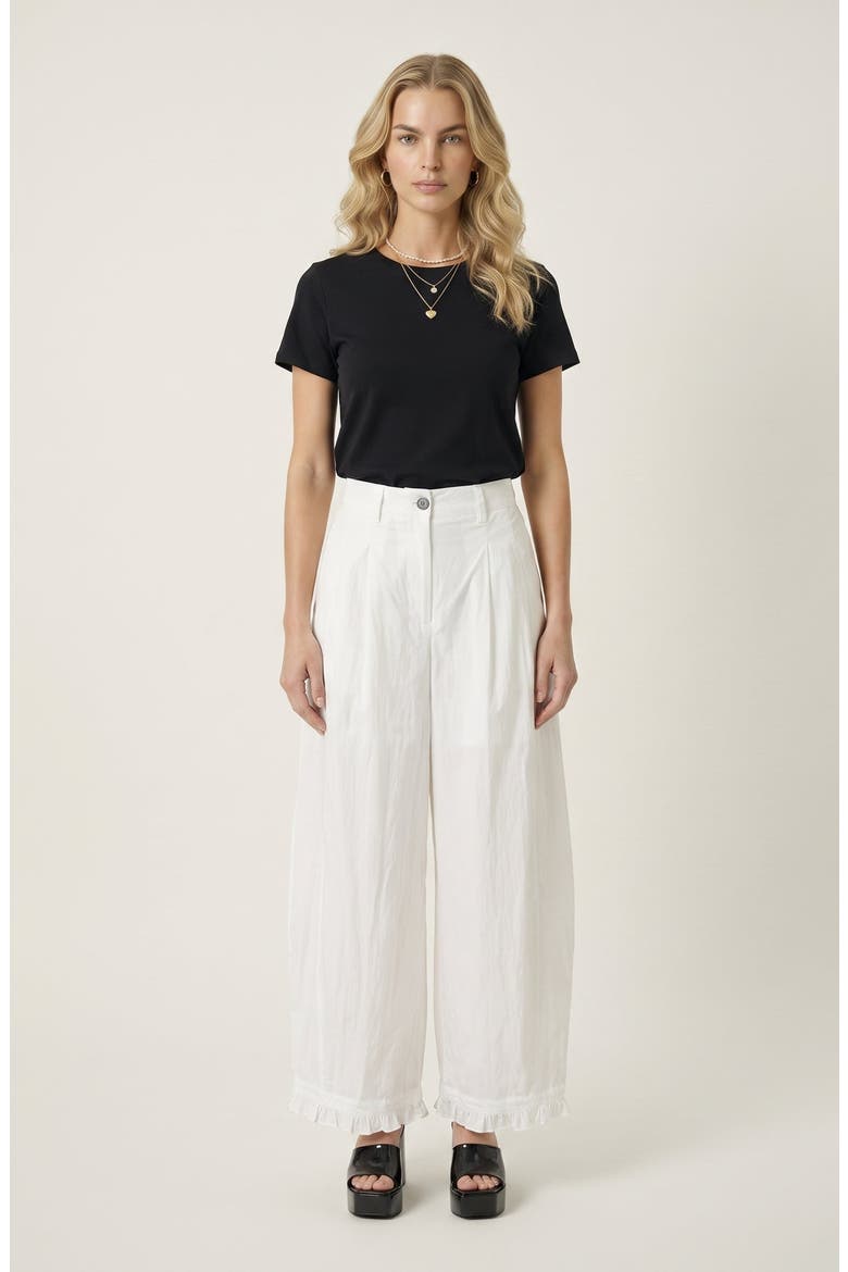 High Waist Wide Leg Pants with Pleats and Ruffle Trim Hems, Alternate, color, White