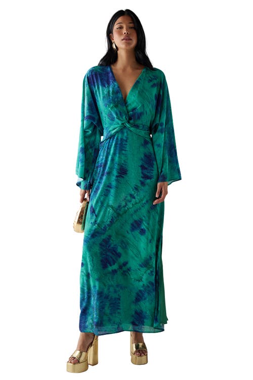 Warehouse Chiffon Wrap Knot Front Maxi Dress In Green