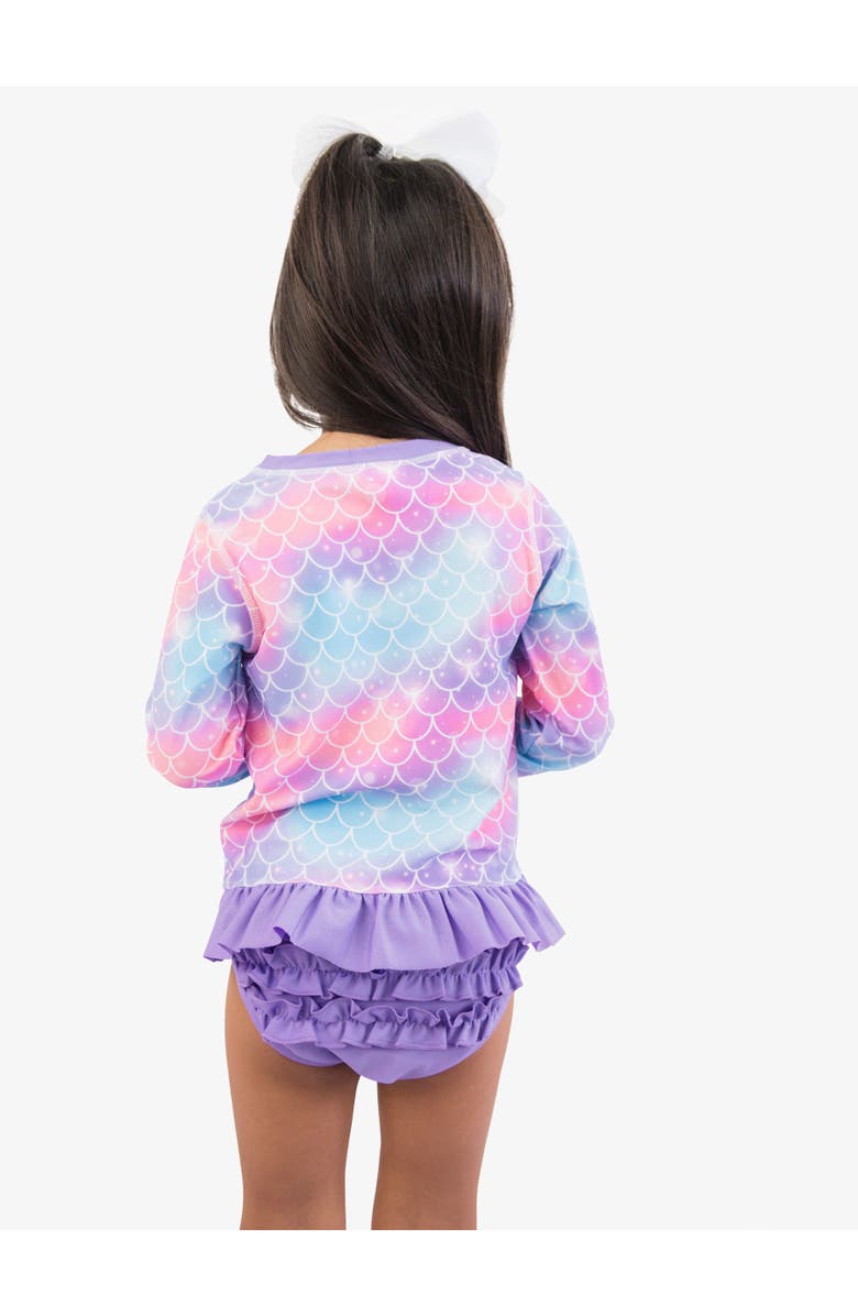 RuffleButts Girls UPF50+ Long Sleeve Rash Guard Bikini, Alternate, color, Shimmer Mermaid Tale