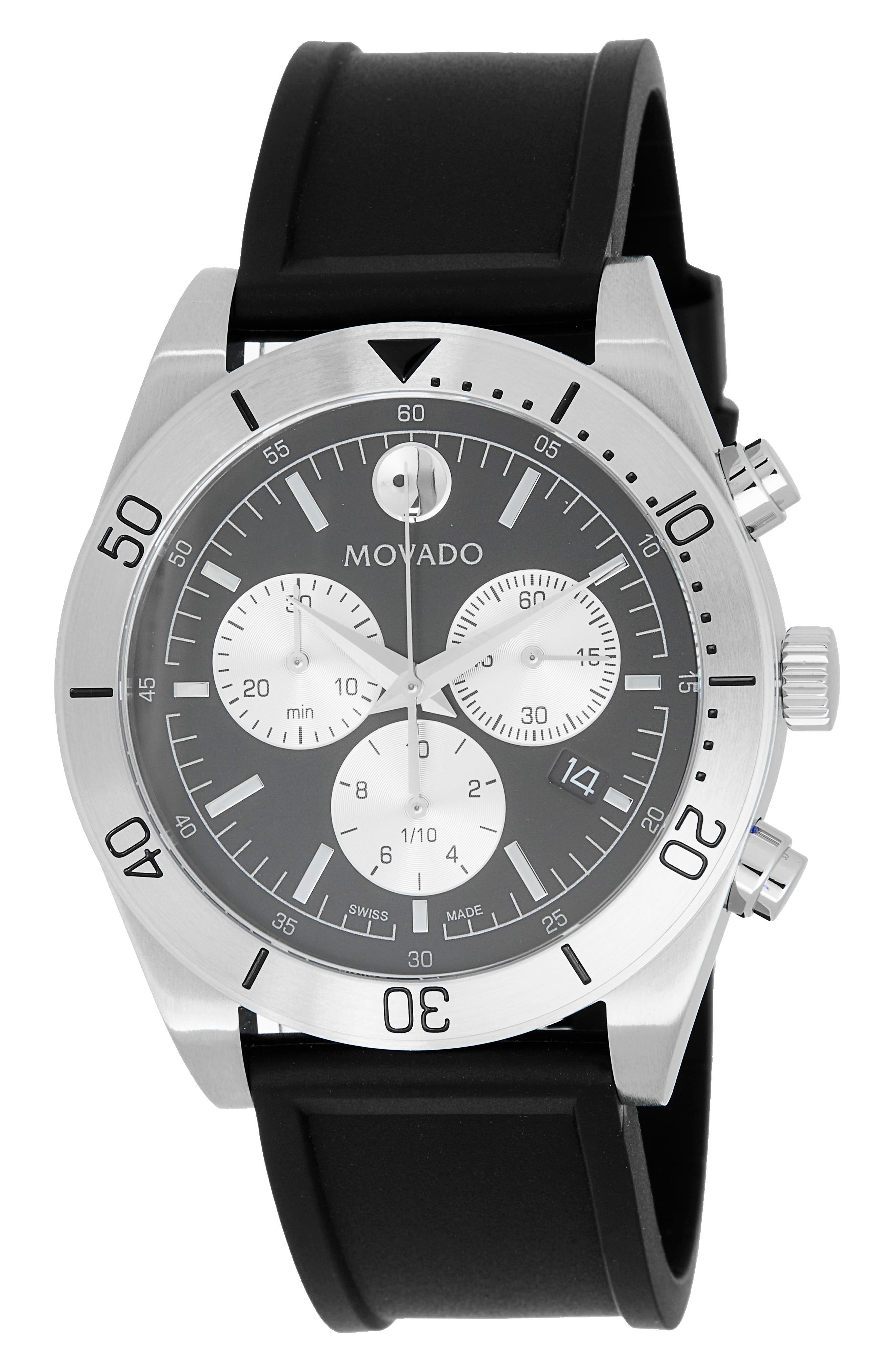 Movado Sportivo Museum Dot Chronograph Rubber Strap Watch, 44mm