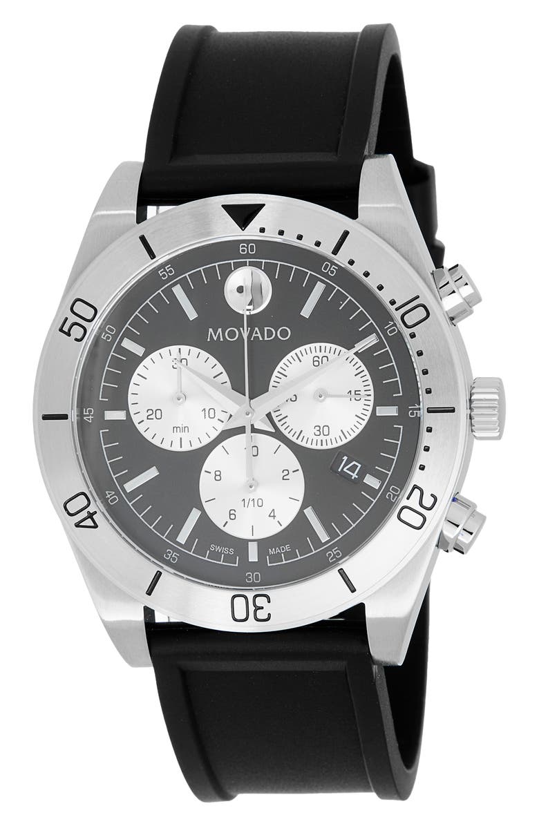 Movado Sportivo Museum Dot Chronograph Rubber Strap Watch, 44mm, Main, color, Black
