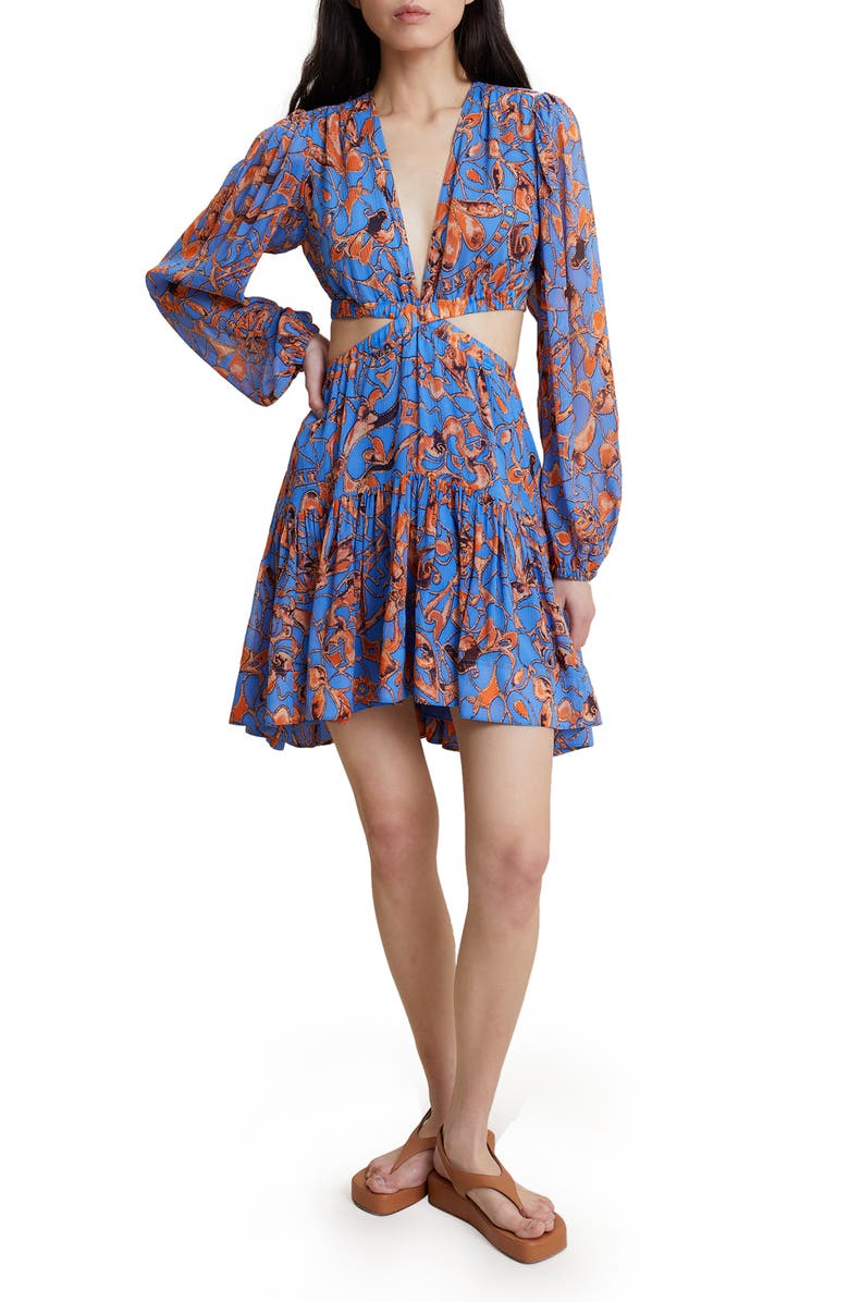 A.L.C. Izzy II Cutout Long Sleeve Silk Dress, Main, color, Blue Sea Multi