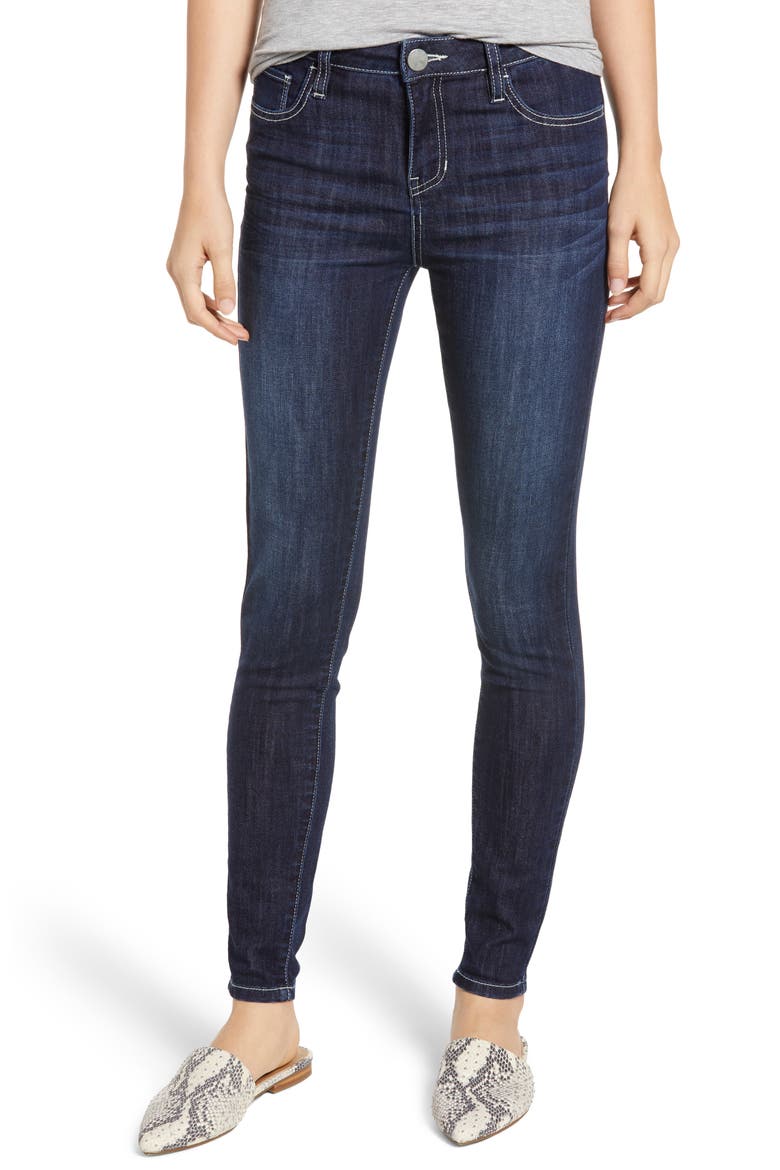 Contrast Stitch Skinny Jeans, Main, color, DARK WASH