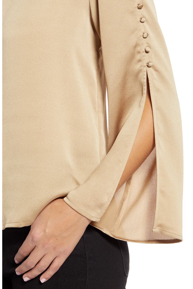 Button Detail Slit Sleeve Hammered Satin Top, Alternate, color, LATTE