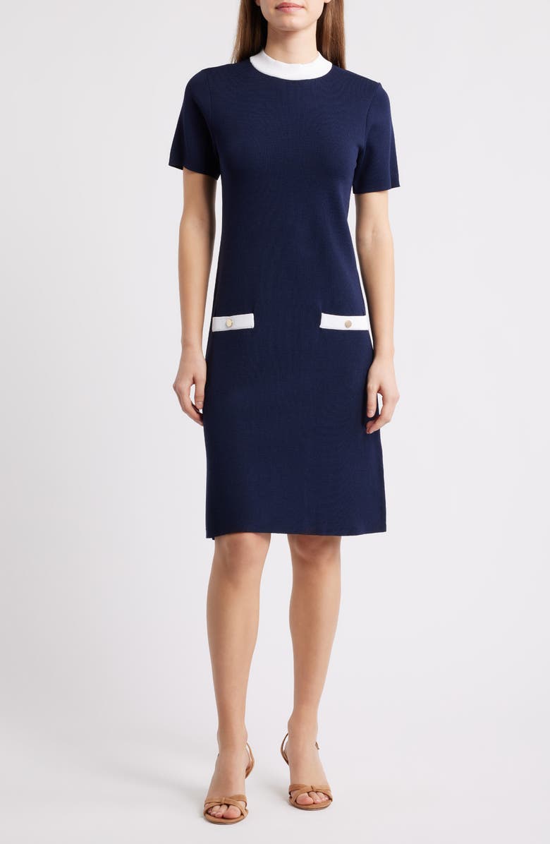 Eliza J Mock Neck Short Sleeve Sweater Dress, Main, color, Navy