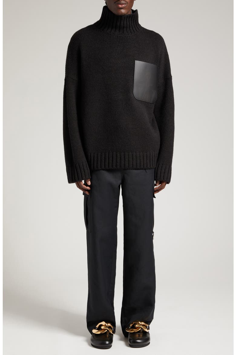 Oversize Padlock Detail Leather Patch Pocket Mock Neck Sweater, Alternate, color, BLACK