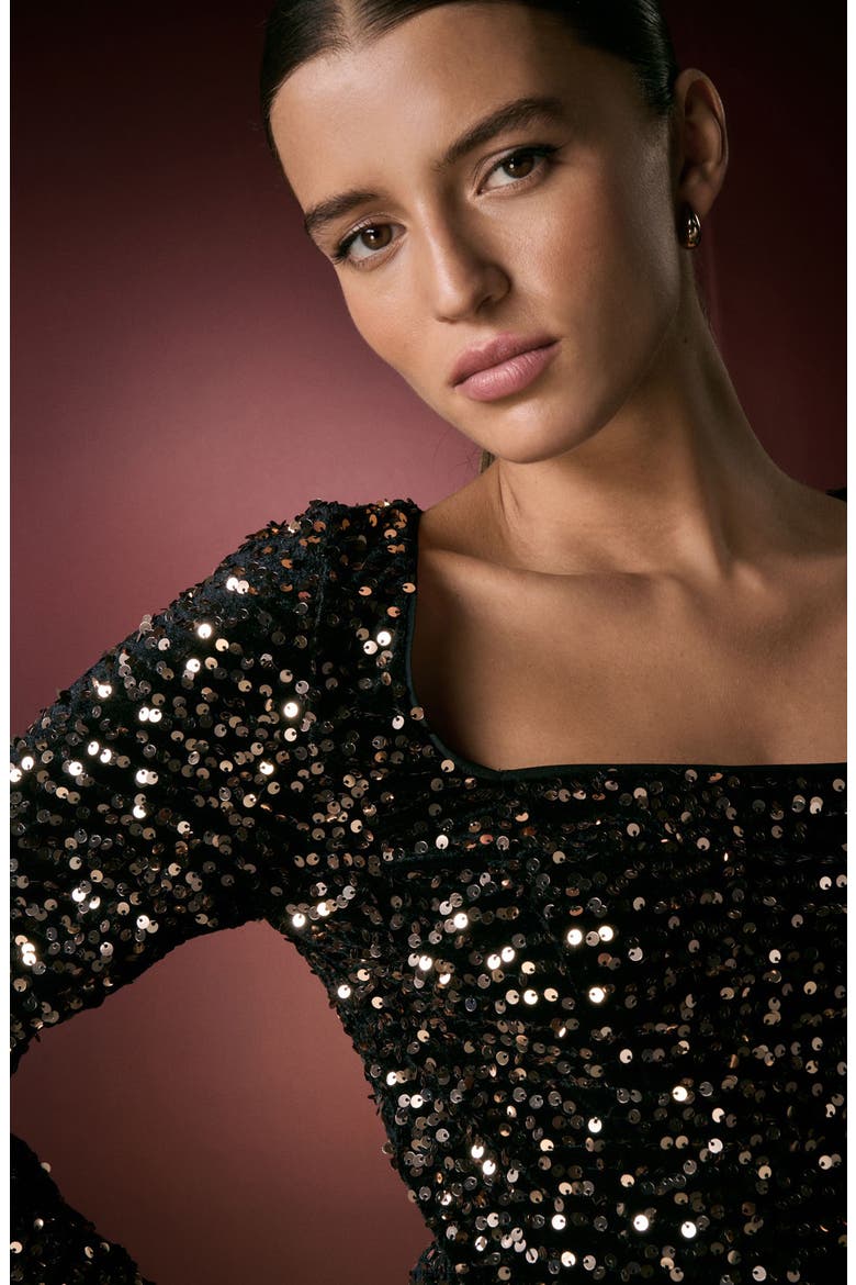 Sequin Square Neck Long Sleeve Minidress, Alternate, color, BLACK