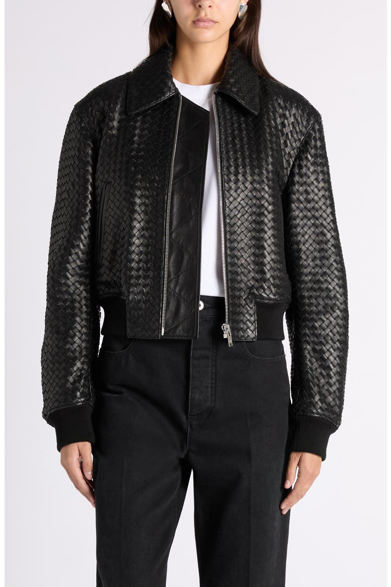 Intrecciato Leather Bomber Jacket, Main, color, 1010 DOUBLE BLACK