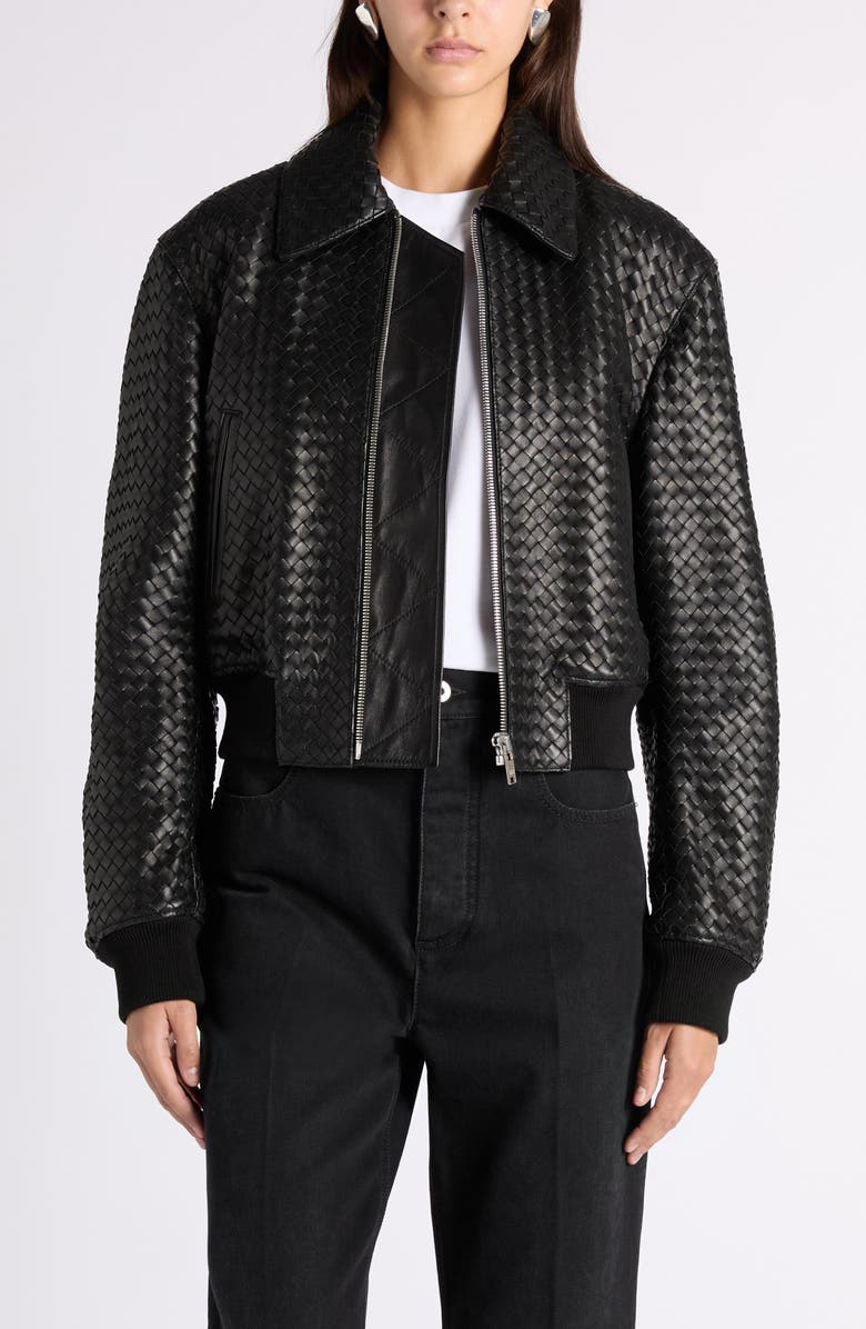 Bottega Veneta Intrecciato Leather Bomber Jacket, Main, color, 1010 Double Black