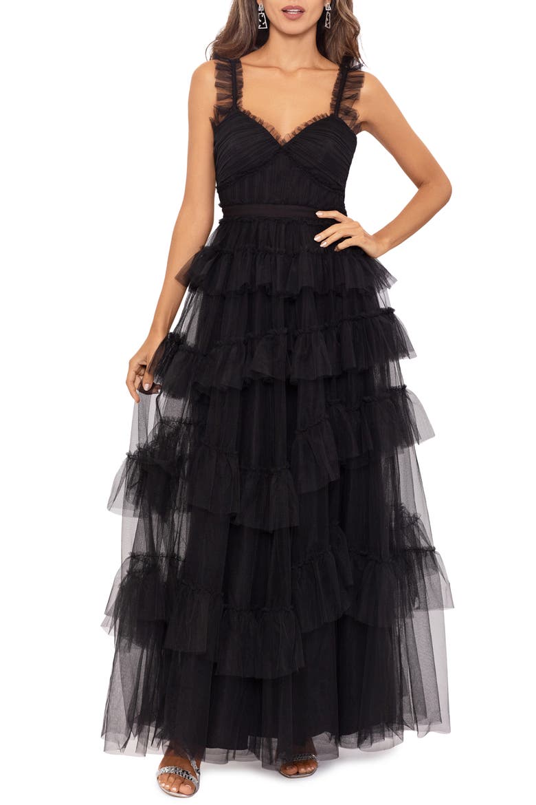 Tiered Ruffle Tulle Gown, Main, color, BLACK
