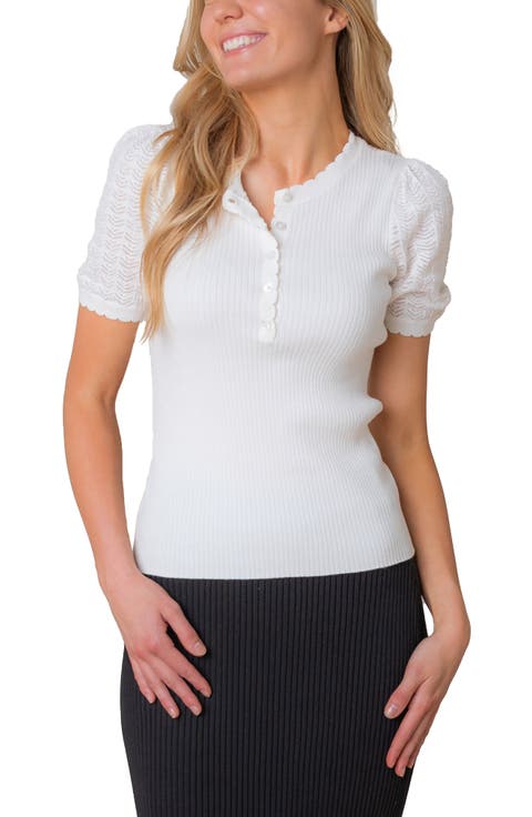 Organic Pointelle Sleeve Henley Sweater
