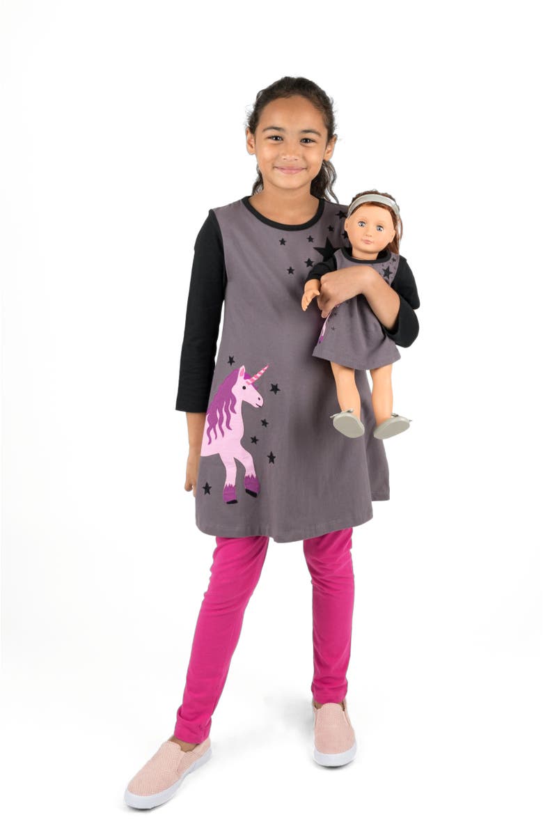 Leveret Girls Cotton Dress with Matching Doll Dress, Printed Design, Alternate, color, Unicorn With Stars