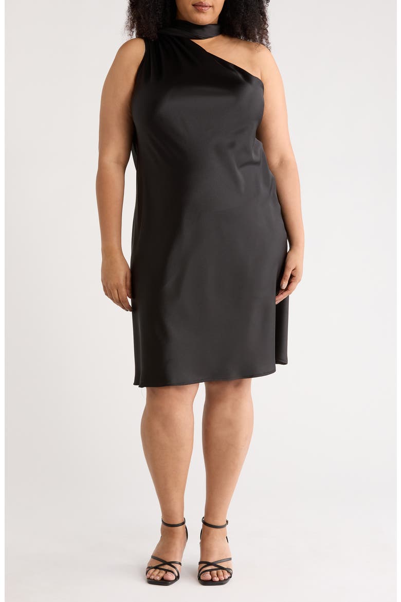 One-Shoulder Satin Shift Dress with Scarf, Main, color, BLACK