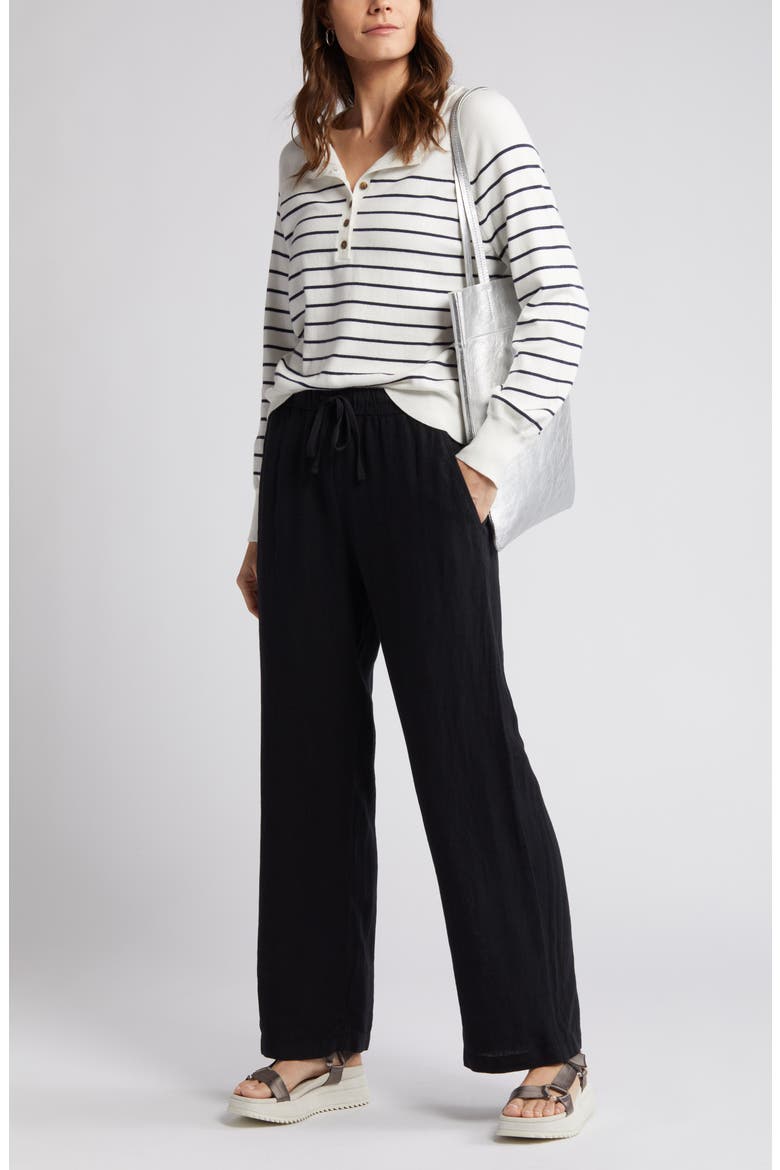 Drawstring Straight Leg Linen Pants, Main, color, BLACK